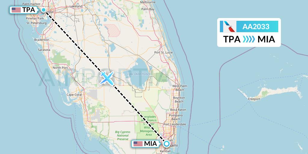 AA2033 American Airlines Flight Map: Tampa to Miami