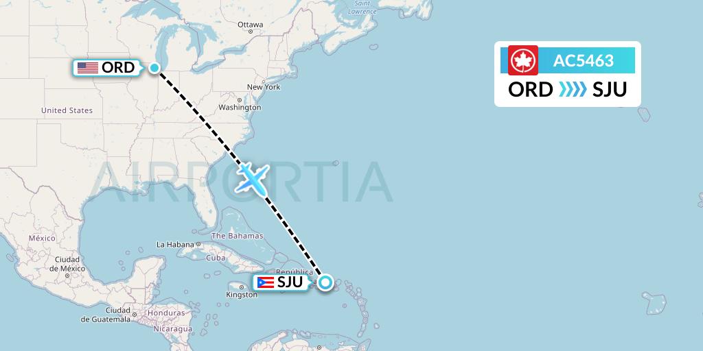 AC5463 Air Canada Flight Map: Chicago to San Juan