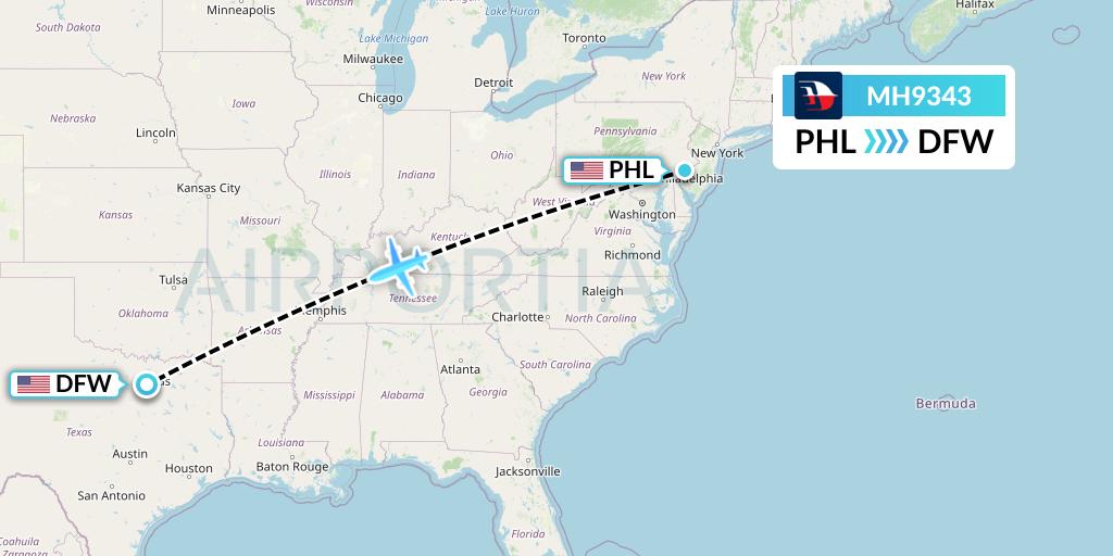 MH9343 Malaysia Airlines Flight Map: Philadelphia to Dallas