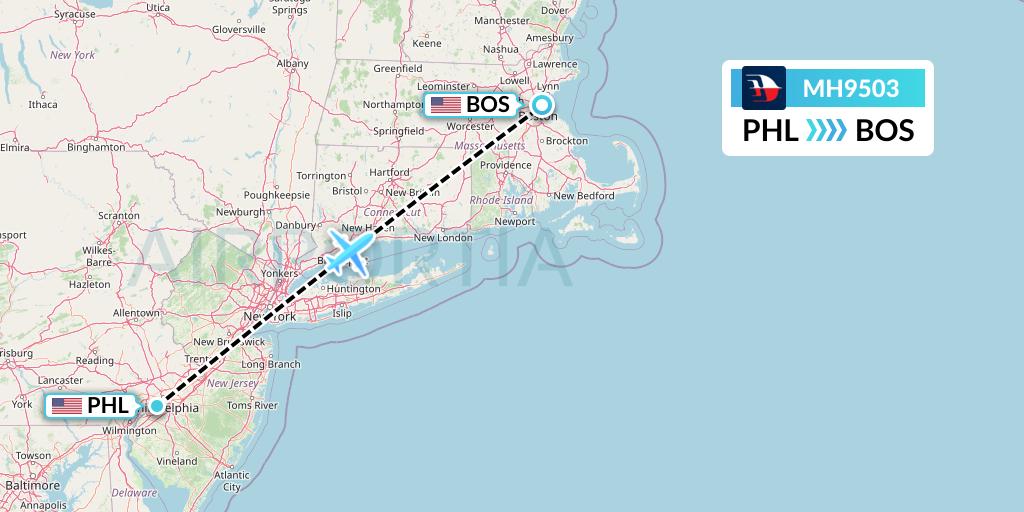 MH9503 Malaysia Airlines Flight Map: Philadelphia to Boston