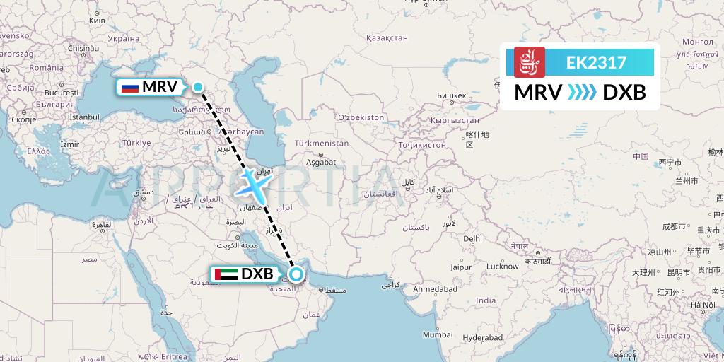 EK2317 Emirates Flight Map: Mineralnye Vody to Dubai
