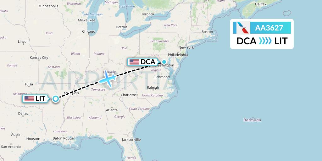 AA3627 American Airlines Flight Map: Washington to Little Rock