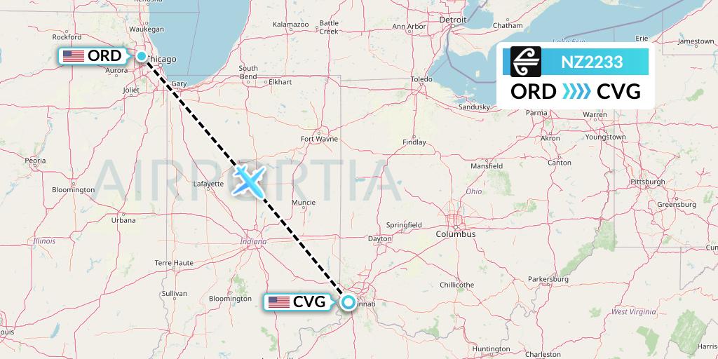 NZ2233 Air New Zealand Flight Map: Chicago to Cincinnati