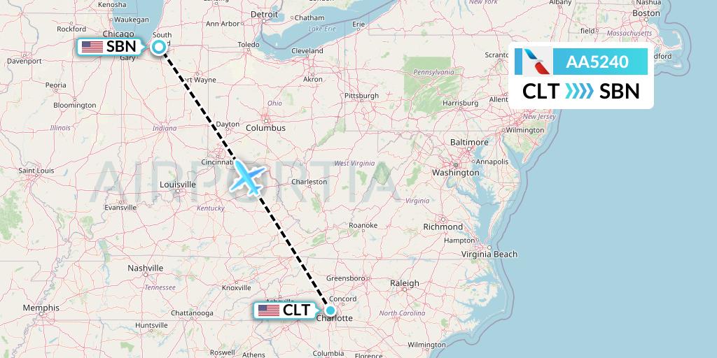 AA5240 American Airlines Flight Map: Charlotte to South Bend