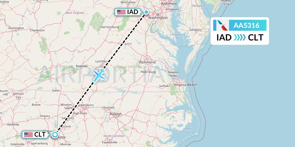 AA5316 American Airlines Flight Map: Washington to Charlotte