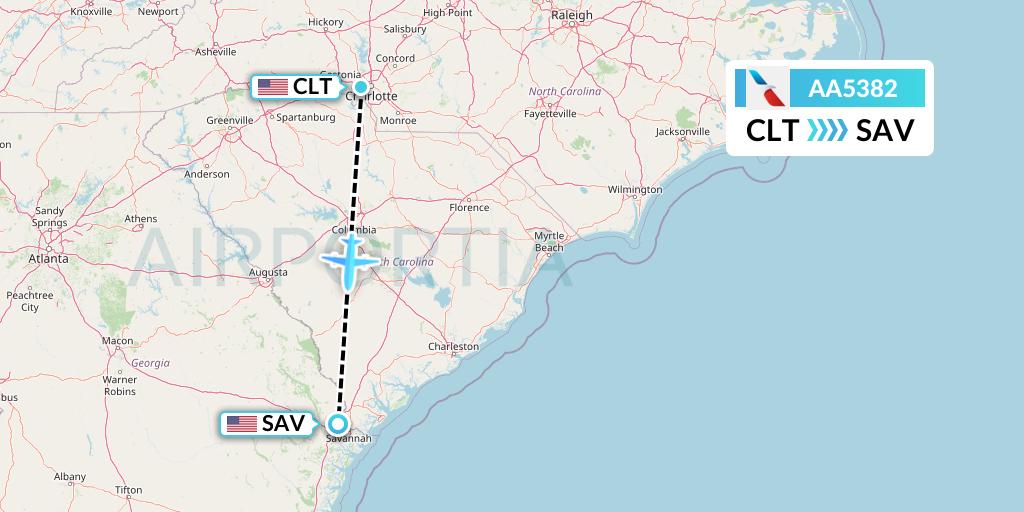 AA5382 American Airlines Flight Map: Charlotte to Savannah