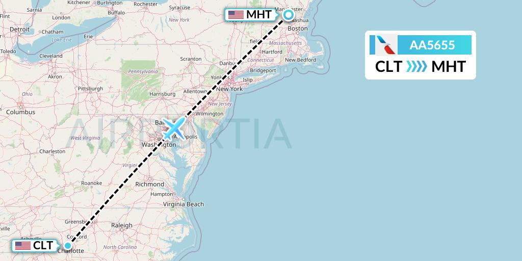 AA5655 American Airlines Flight Map: Charlotte to Manchester
