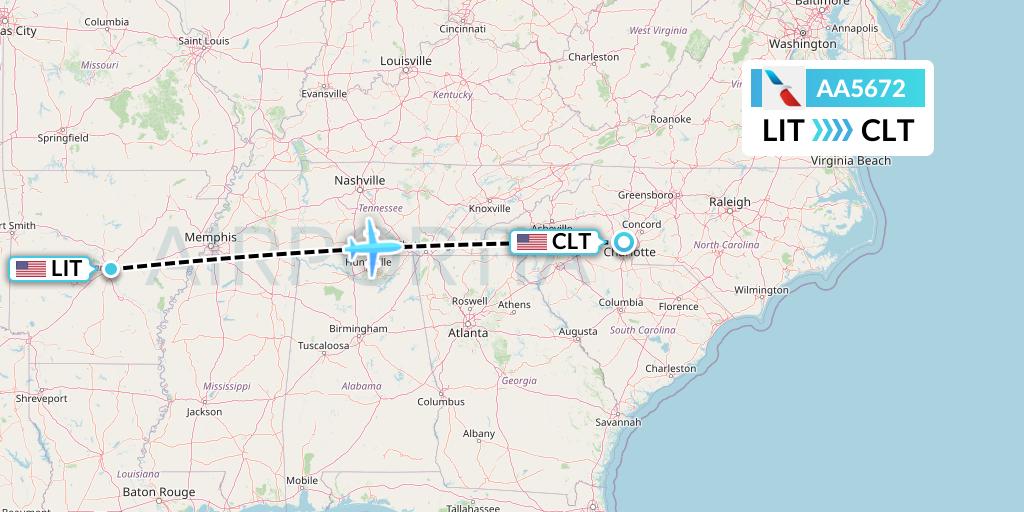 AA5672 American Airlines Flight Map: Little Rock to Charlotte