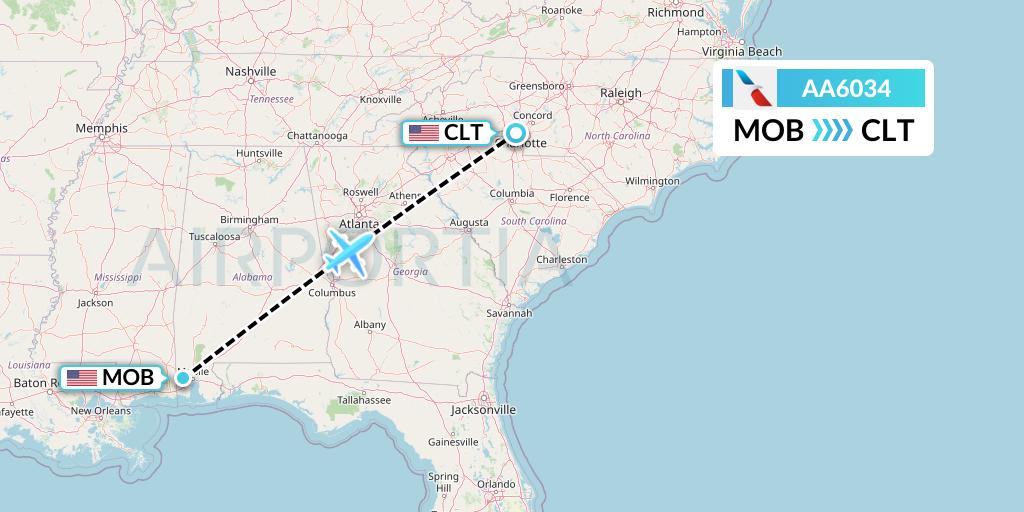 AA6034 American Airlines Flight Map: Mobile to Charlotte