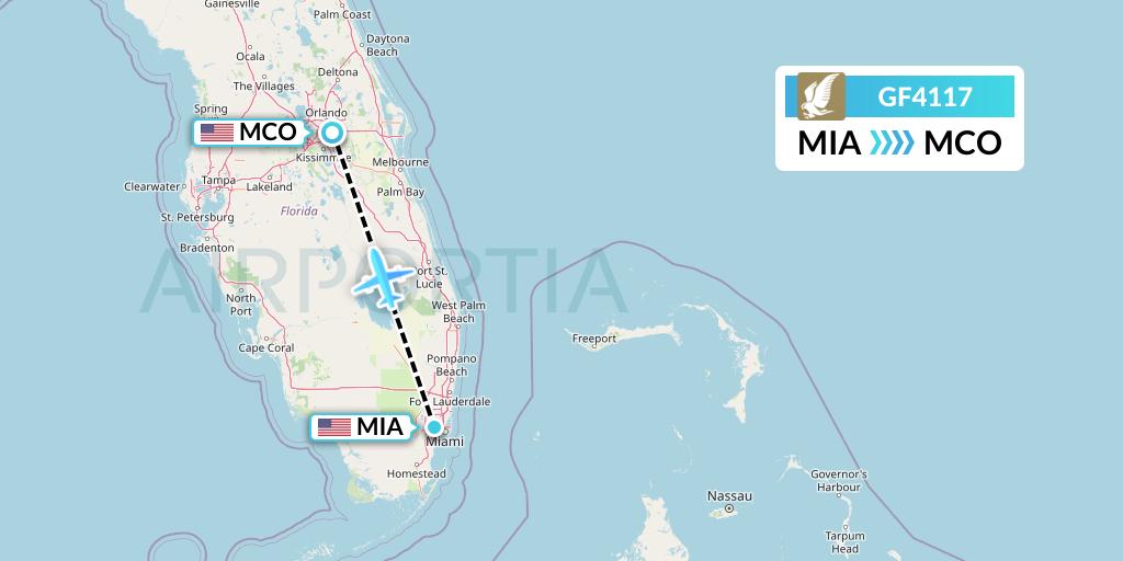 GF4117 Gulf Air Flight Map: Miami to Orlando