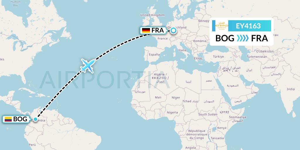 EY4163 Etihad Airways Flight Map: Bogota to Frankfurt