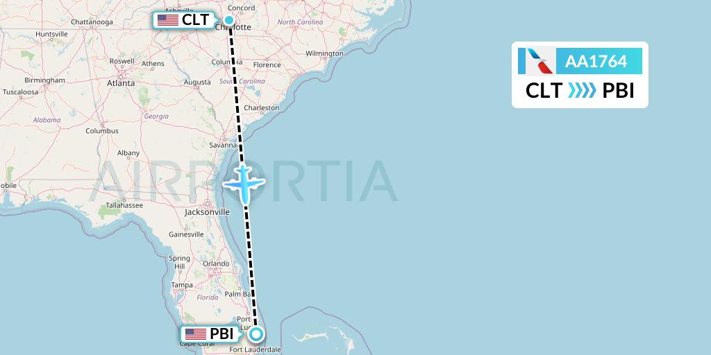 AA1764 American Airlines Flight Map: Charlotte to West Palm Beach