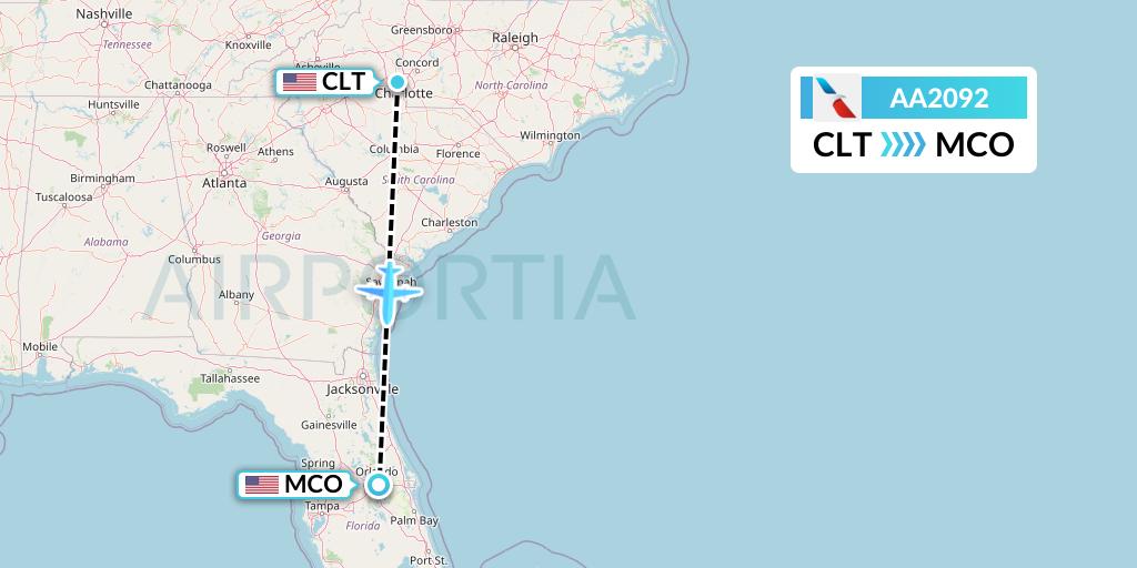 AA2092 American Airlines Flight Map: Charlotte to Orlando