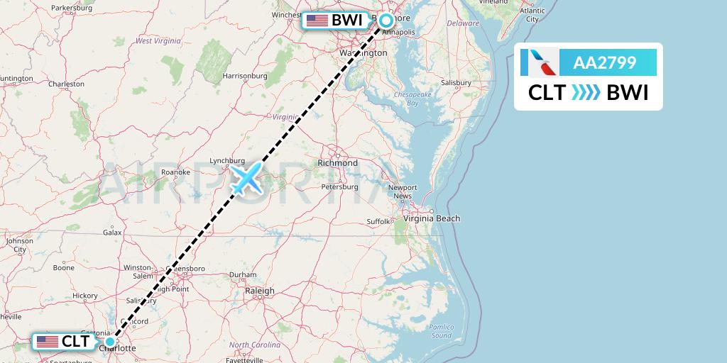 AA2799 American Airlines Flight Map: Charlotte to Baltimore