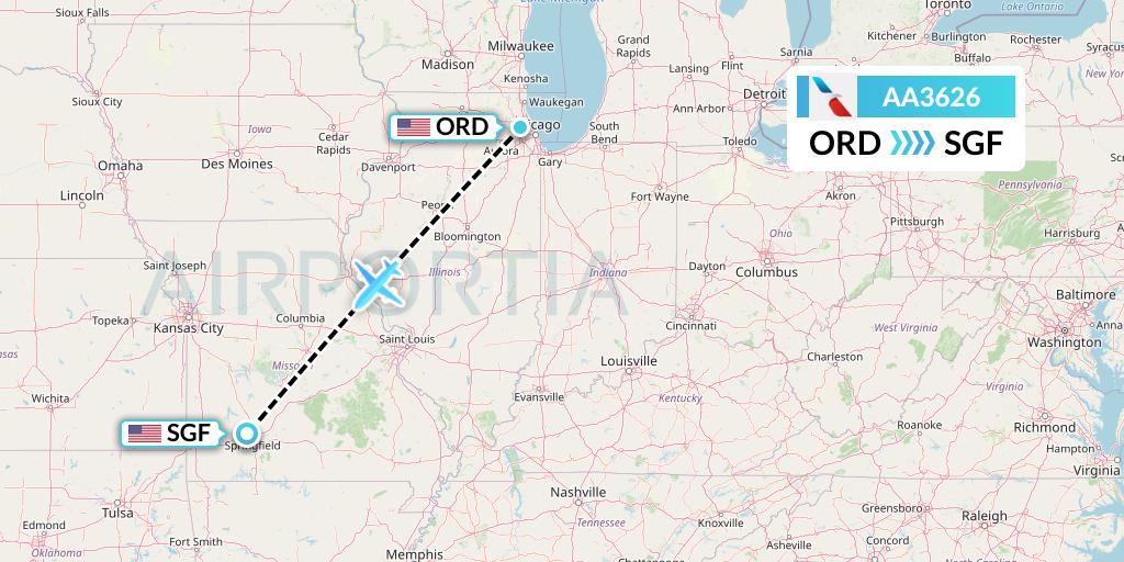 AA3626 American Airlines Flight Map: Chicago to Springfield