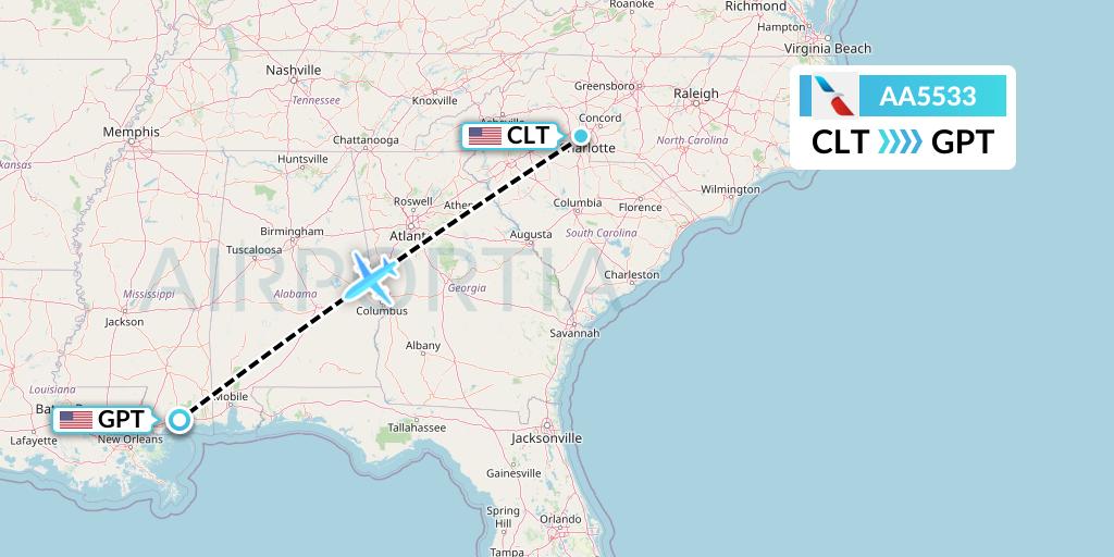 AA5533 American Airlines Flight Map: Charlotte to Gulfport