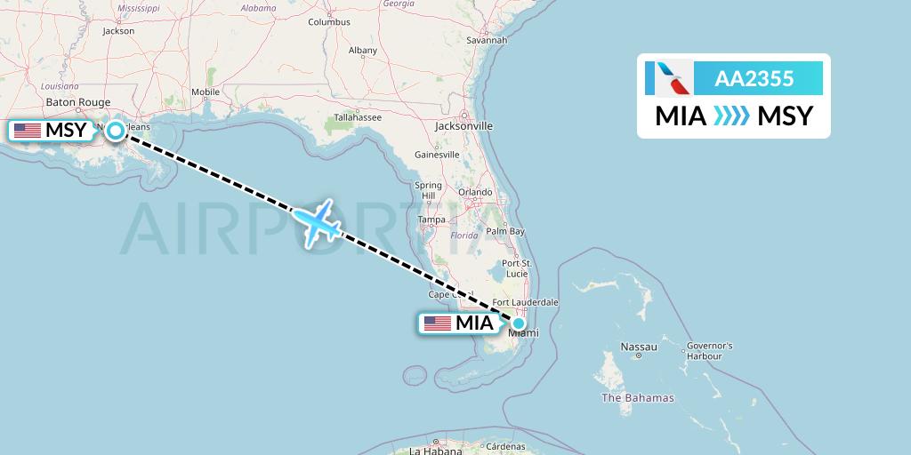 AA2355 American Airlines Flight Map: Miami to New Orleans