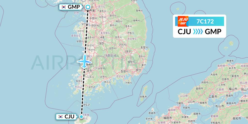 7C172 Jeju Air Flight Map: Jeju to Seoul