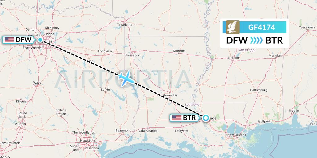 GF4174 Gulf Air Flight Map: Dallas to Baton Rouge