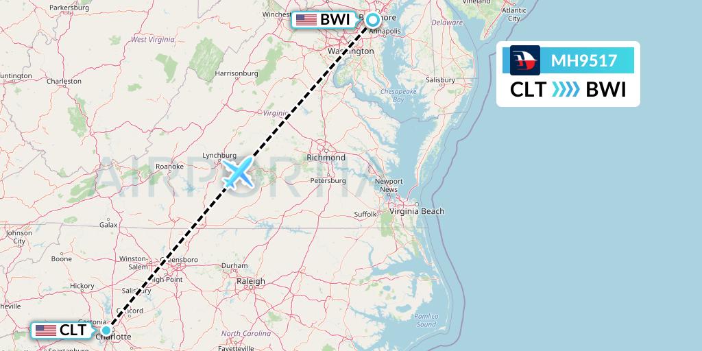 MH9517 Malaysia Airlines Flight Map: Charlotte to Baltimore