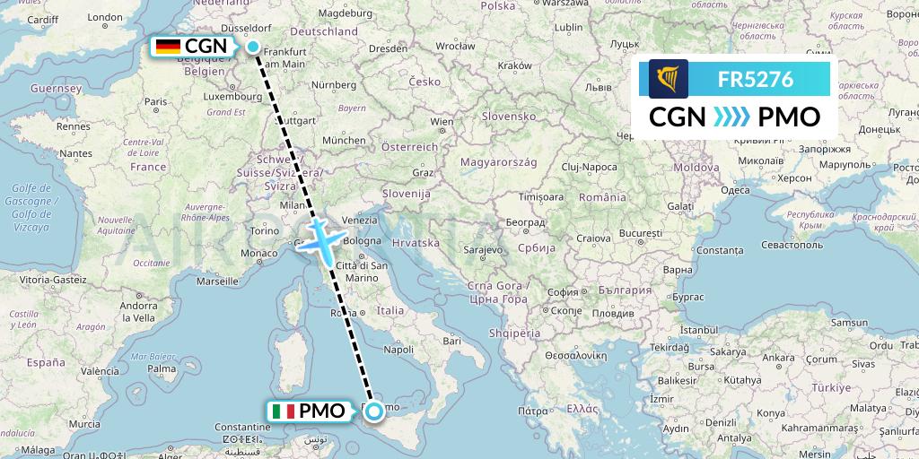 FR5276 Ryanair Flight Map: Cologne to Palermo