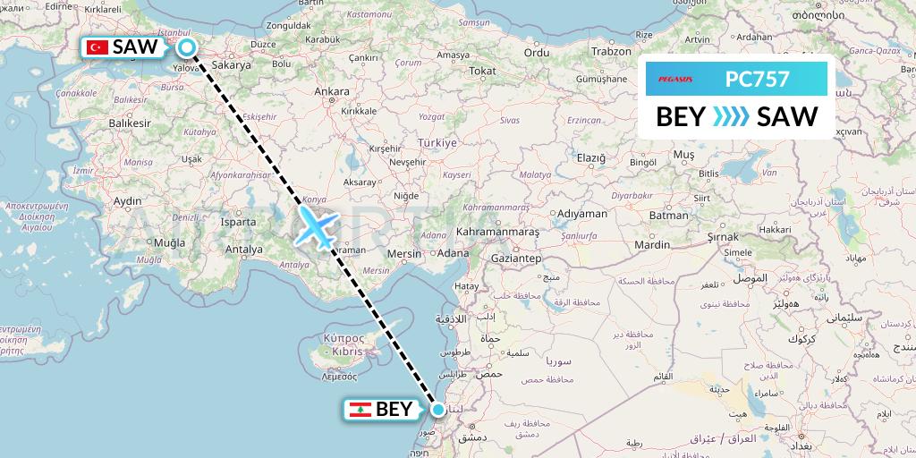 PC757 Pegasus Airlines Flight Map: Beirut to Istanbul