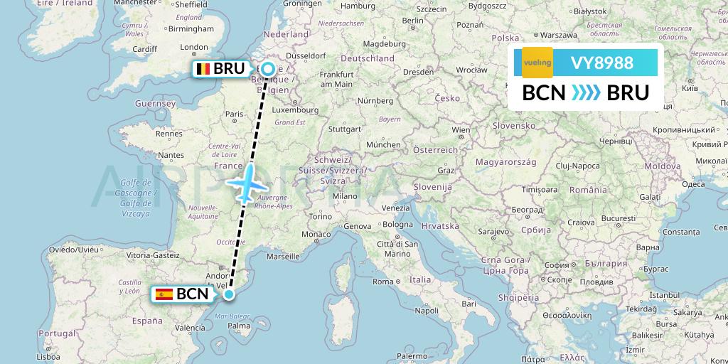 VY8988 Vueling Flight Map: Barcelona to Brussels