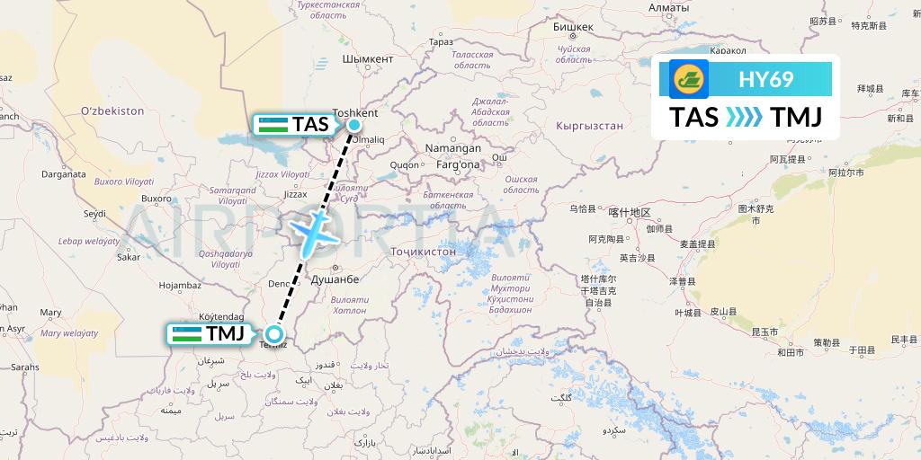HY69 Uzbekistan Airways Flight Map: Tashkent to Termez