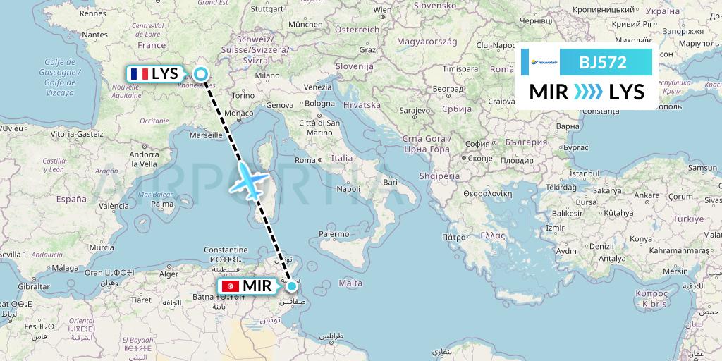 BJ572 Nouvelair Tunisie Flight Map: Monastir to Lyon