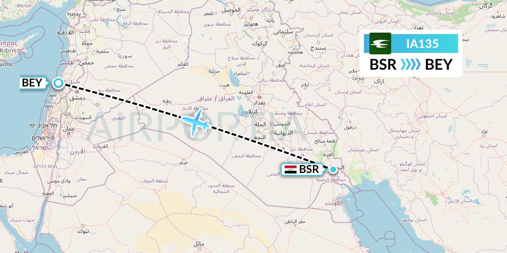 IA135 Iraqi Airways Flight Map: Basra to Beirut