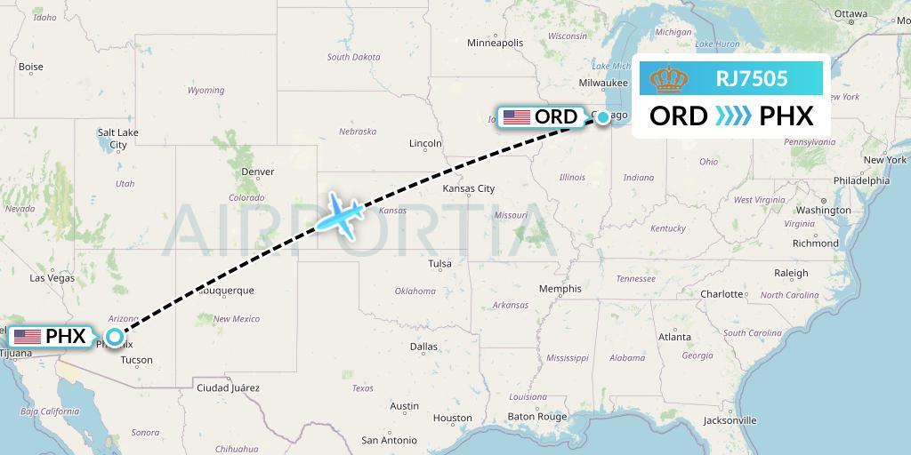 RJ7505 Royal Jordanian Flight Map: Chicago to Phoenix