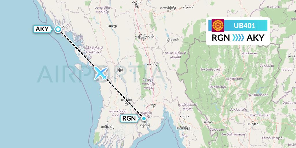 UB401 Myanmar National Airlines Flight Map: Yangon to Sittwe