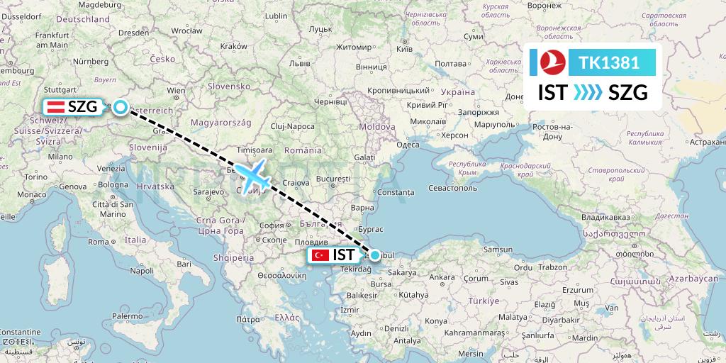 TK1381 Turkish Airlines Flight Map: Istanbul to Salzburg