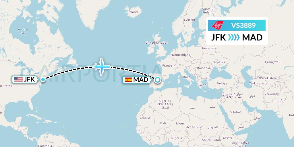 VS3889 Virgin Atlantic Airways Flight Map: New York to Madrid