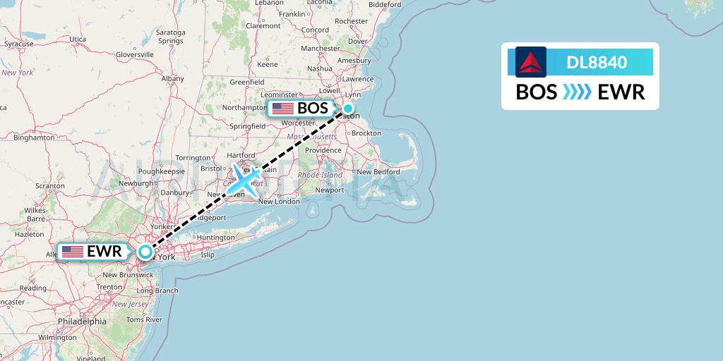 DL8840 Delta Air Lines Flight Map: Boston to New York
