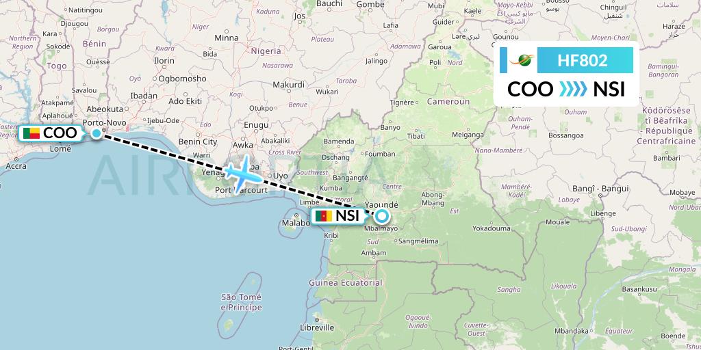 HF802 Air Cote d'Ivoire Flight Map: Cotonou to Yaounde