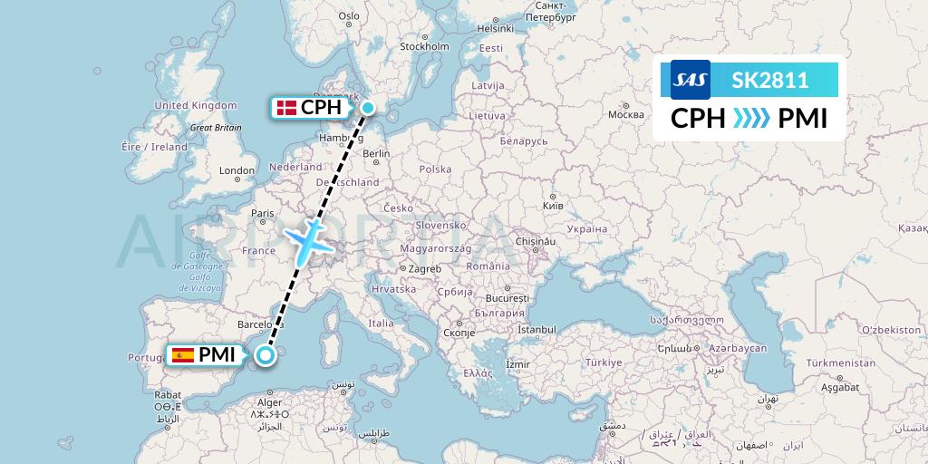 SK2811 SAS Flight Map: Copenhagen to Palma de Mallorca