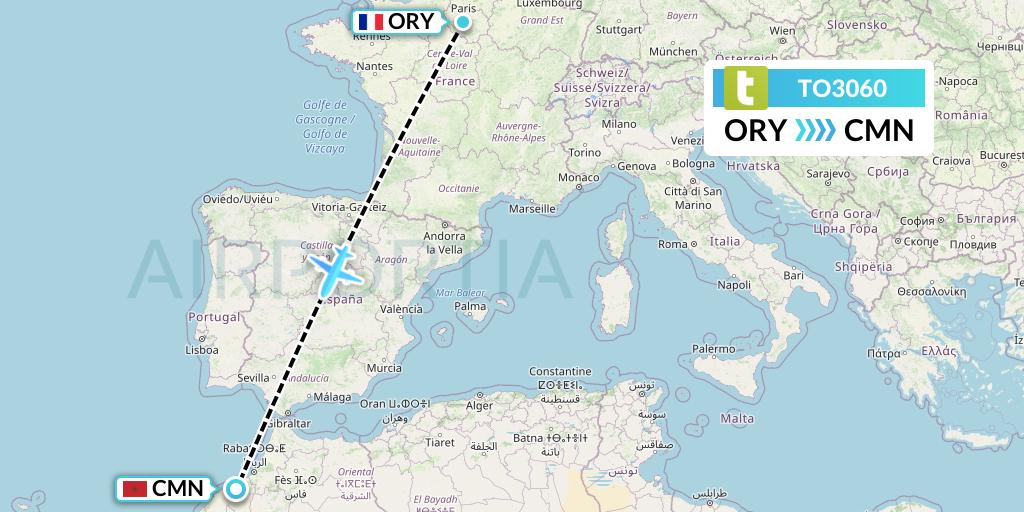 TO3060 Transavia France Flight Map: Paris to Casablanca