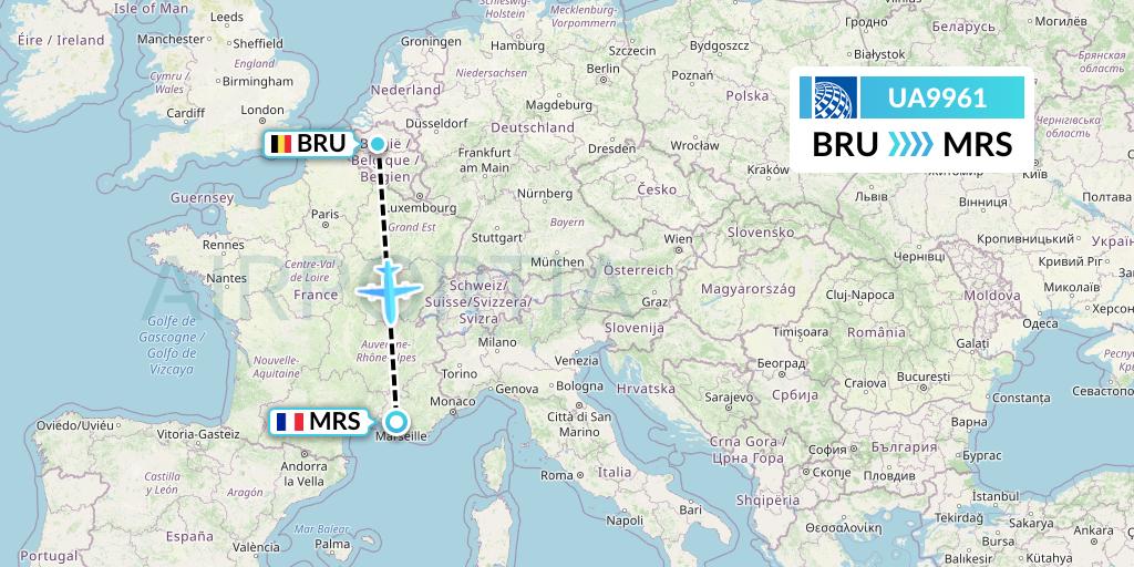 UA9961 United Airlines Flight Map: Brussels to Marseille