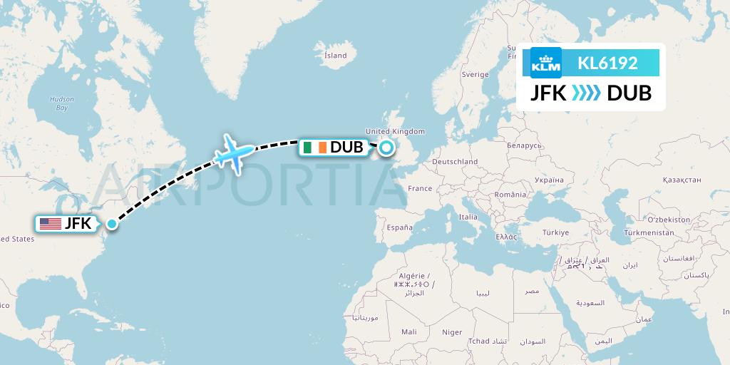 KL6192 KLM Flight Map: New York to Dublin