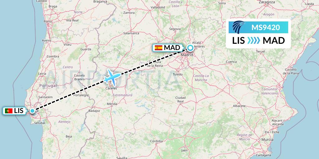 MS9420 EgyptAir Flight Map: Lisbon to Madrid