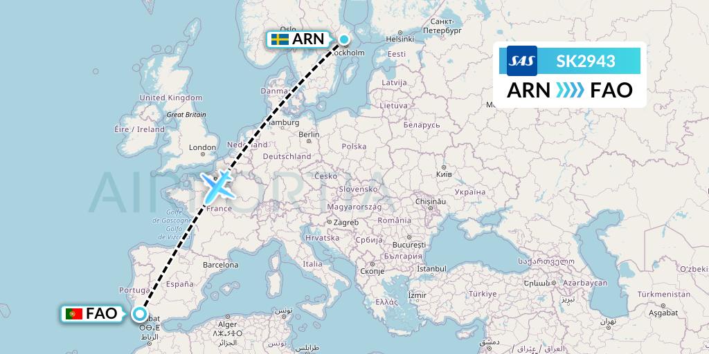 SK2943 SAS Flight Map: Stockholm to Faro