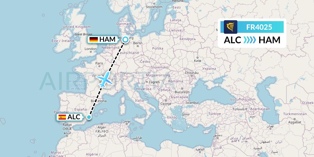 FR4025 Ryanair Flight Map: Alicante to Hamburg