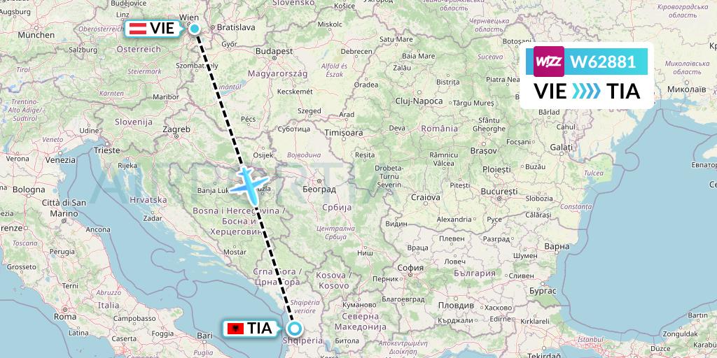 W62881 Wizz Air Flight Map: Vienna to Tirana