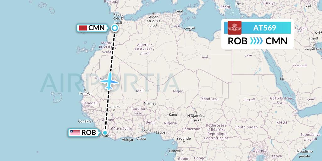 AT569 Royal Air Maroc Flight Map: Monrovia to Casablanca