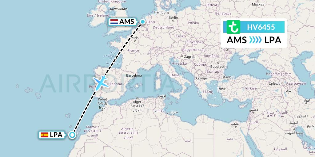 HV6455 Transavia Flight Map: Amsterdam to Las Palmas
