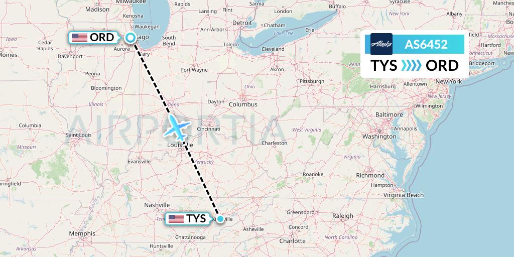 AS6452 Alaska Airlines Flight Map: Knoxville to Chicago