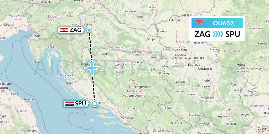 OU652 Croatia Airlines Flight Map: Zagreb to Split