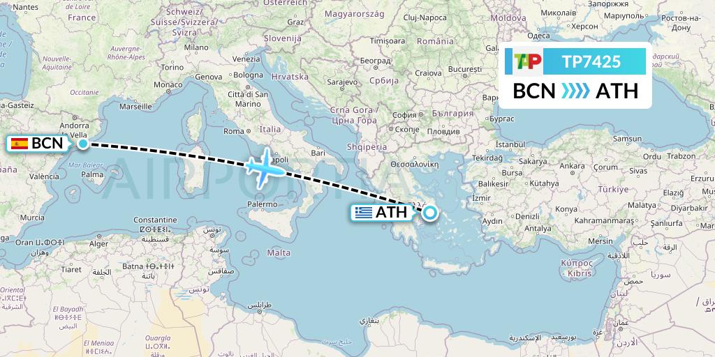 TP7425 TAP Portugal Flight Map: Barcelona to Athens