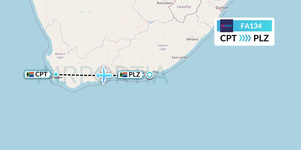 FA134 Safair Flight Map: Cape Town to Port Elizabeth
